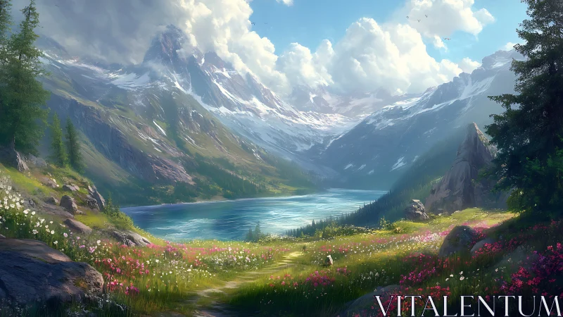 Alpine wildflower valley dreaming beside shimmering glacier lake.