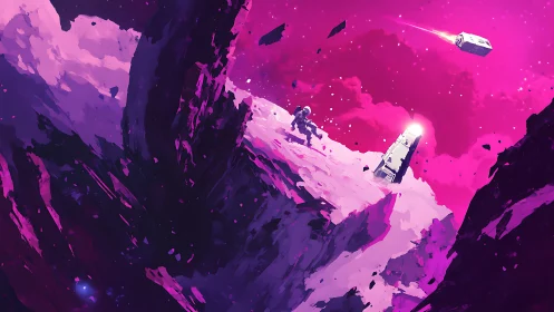 Astronaut explores jagged alien cliffs under vivid pink sky.