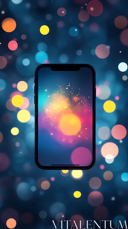 Glowing smartphone screen amid dreamy bokeh orbs at night.