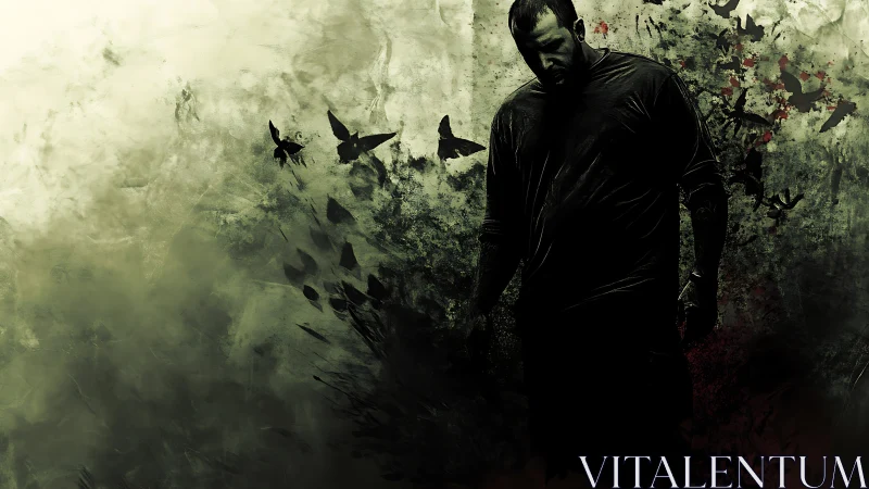 Brooding wanderer framed by swirling shadows and flight.