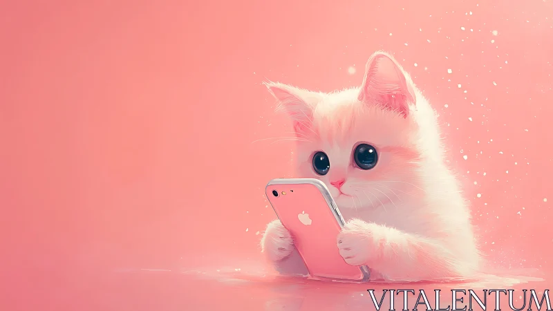 Fluffy White Kitten Holding Pink iPhone in Coral Studio Setting