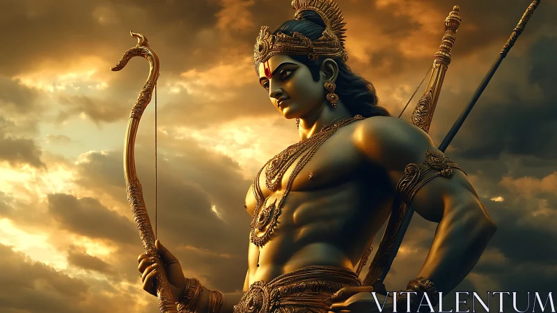 Divine warrior archer rendered in dramatic golden sunset light.