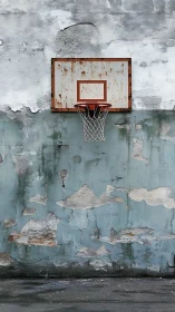 Weathered outdoor basketball hoop on distressed concrete wall