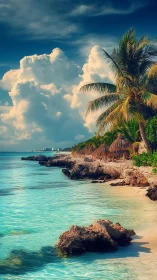 Tropical Beach Paradise: Azure Waters, Palm Trees, and Thatched Bungalows.