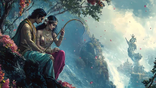 Mythic lovers rest above misty cliffs and distant citadel.