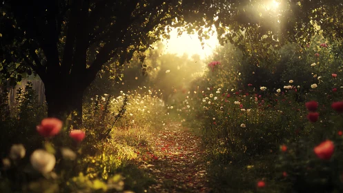Backlit floral pathway under dense canopy with golden haze.