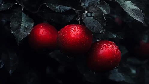 Glistening red apples rest softly among deep garden leaves