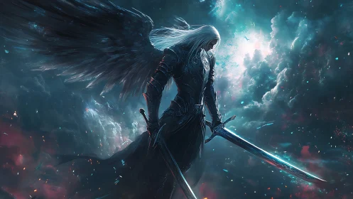 Fallen angel warrior stands armed in a storm of cosmic light