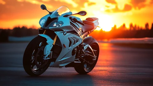 Sport motorcycle stands on track surface at intense sunset
