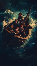 Group of children in wooden boat on rough dark ocean waters