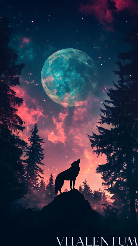 Lone wolf silhouette howls beneath a glowing cosmic moon