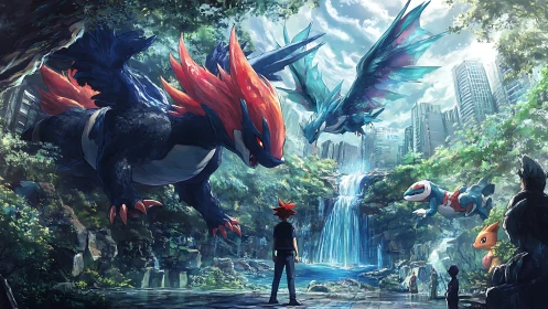 Urban waterfall arena where colossal sky beasts gather.