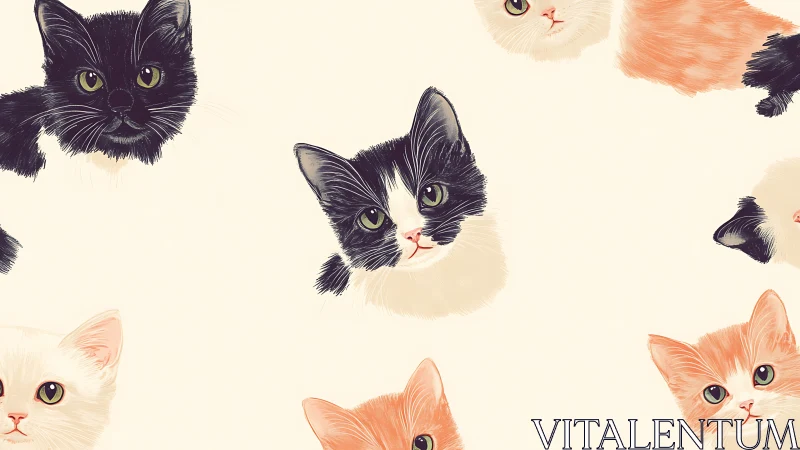 Digitally Illustrated Feline Portraits: Black, White, and Ginger Cats