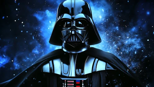 Armored dark figure in space with reflective helmet glow.