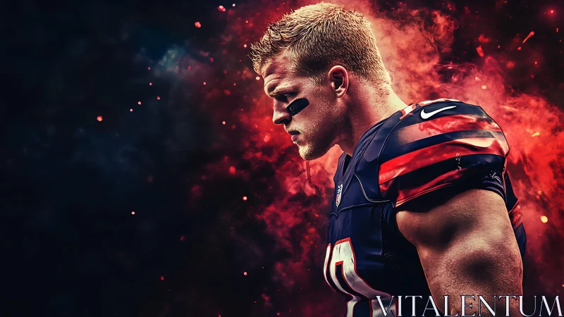 Side-profile depiction of football player amid red particle cloud