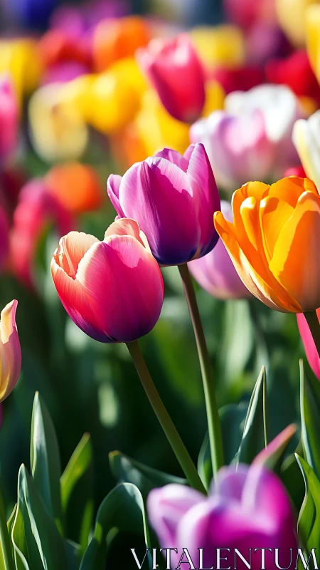 Vibrant Tulip Field with Pink, Purple, and Orange Blooms