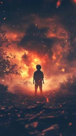 Silhouetted figure standing amid landscape with luminous atmospheric phenomena