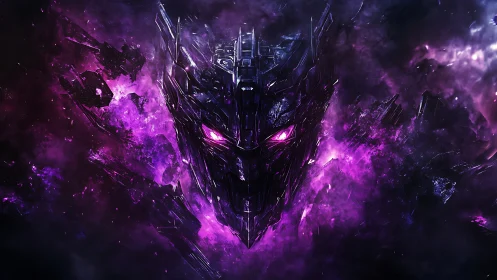 Mechanical face structure in purple cosmic environment.