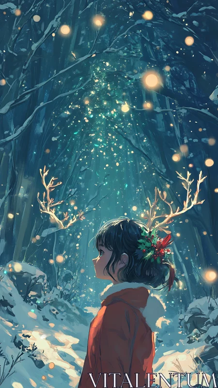 Girl in red coat discovers glowing winter forest magic.