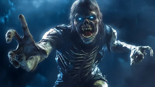 Bone-lit ghoul lunges from the blue fog of nightmare dusk.