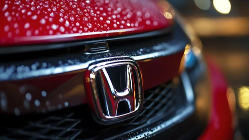 Honda car grille emblem reflects wet night city lights