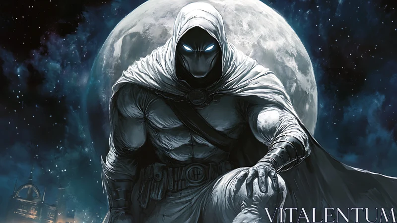 Luminous cloaked vigilante staged against oversized lunar disc.