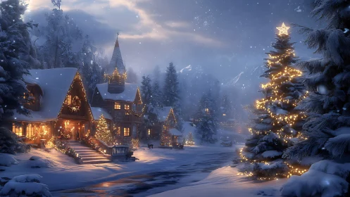 Snow-dusted cottages whisper warmth beneath winter lights