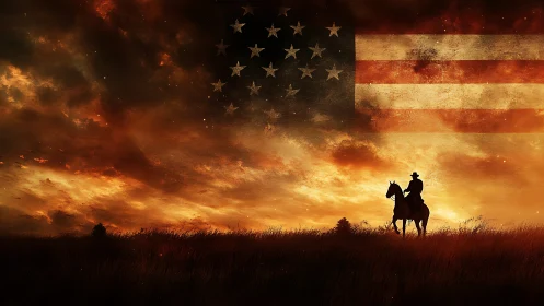 Sunset cowboy silhouette beneath weathered U.S. flag overlay.