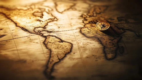 Golden-age world map and compass courting distant horizons.