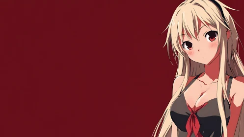 Blonde anime girl on dark red minimalist background.