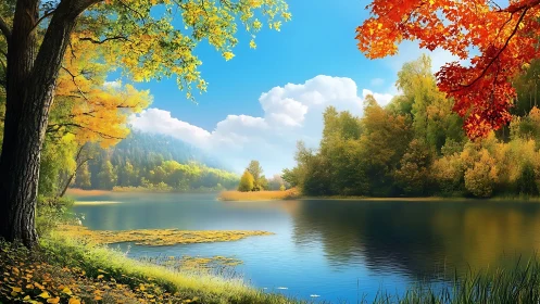 Autumn trees around calm forest lake under clear sky.