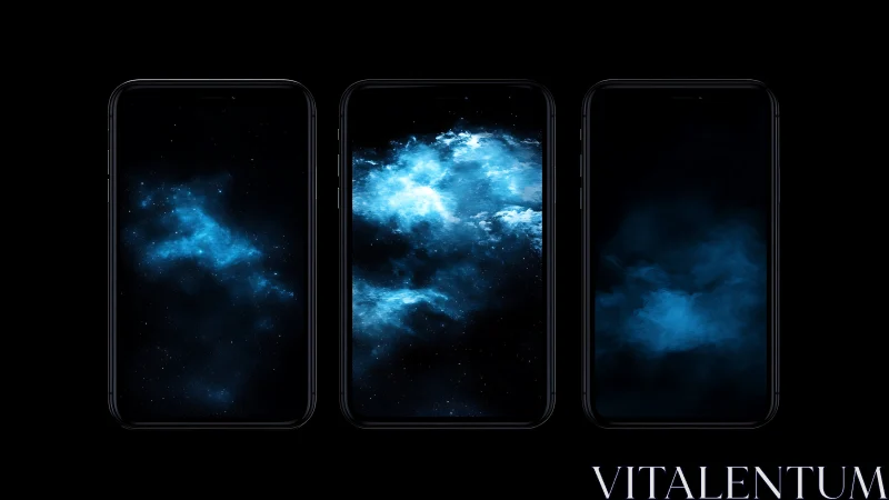 Celestial blue nebula wallpapers on three dark smartphones.