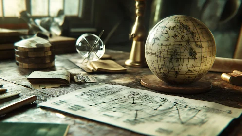 Vintage globe on cluttered wooden desk with maps and tools.