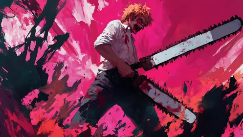 Blood-lit chainsaw brawler carving chaos in neon dusk.