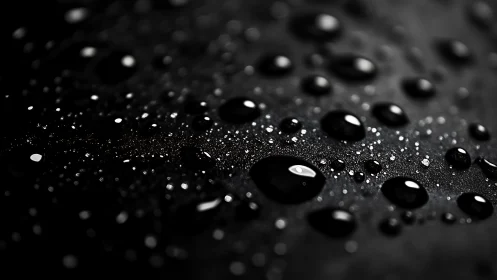 Glistening water droplets shimmer across a dark surface