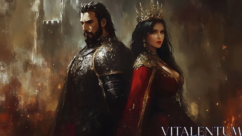 Regal warrior couple in gilded armor, painterly fantasy study.