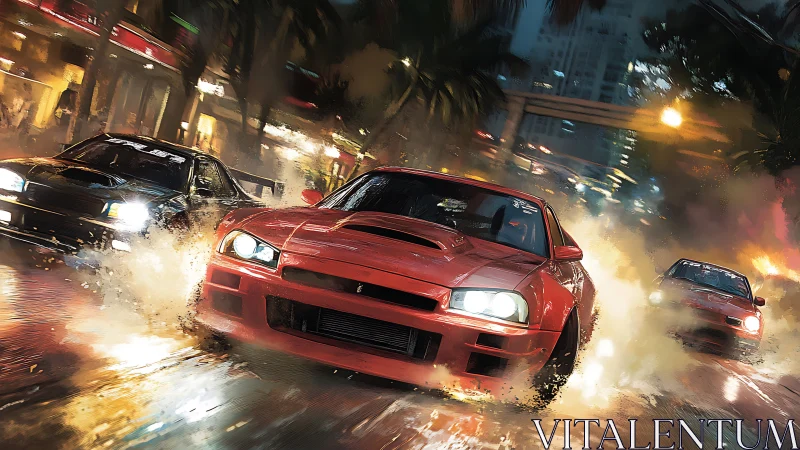 High-speed tuner cars drift through wet neon-lit city streets