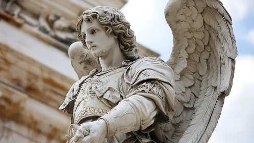 Stone angel statue in detailed armor stands in profile