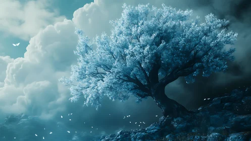 Surreal blue blossom tree against storm-lit cumulus sky.