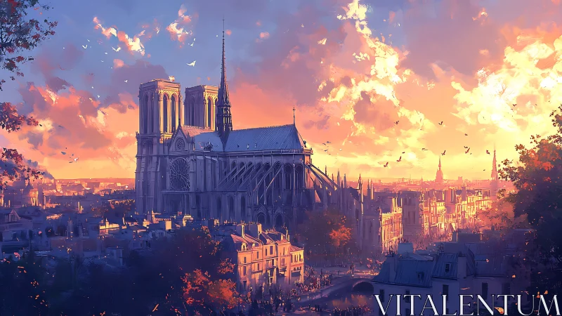 Gothic cathedral dominates glowing sunset city skyline