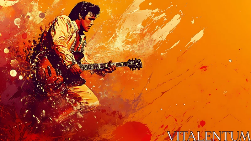 Guitarist in motion rendered with explosive orange paint dynamics