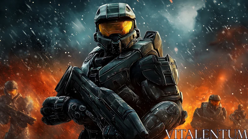 Armored firestorm soldier strides through burning cosmos.