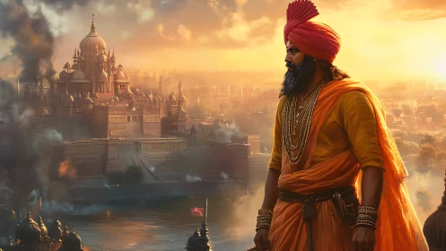 War-scorched river kingdom and resolute turbaned guardian.