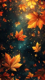 Autumn foliage drift in luminous particle field simulation.