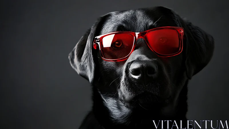 Cool black labrador portrait in vivid red sunglasses.