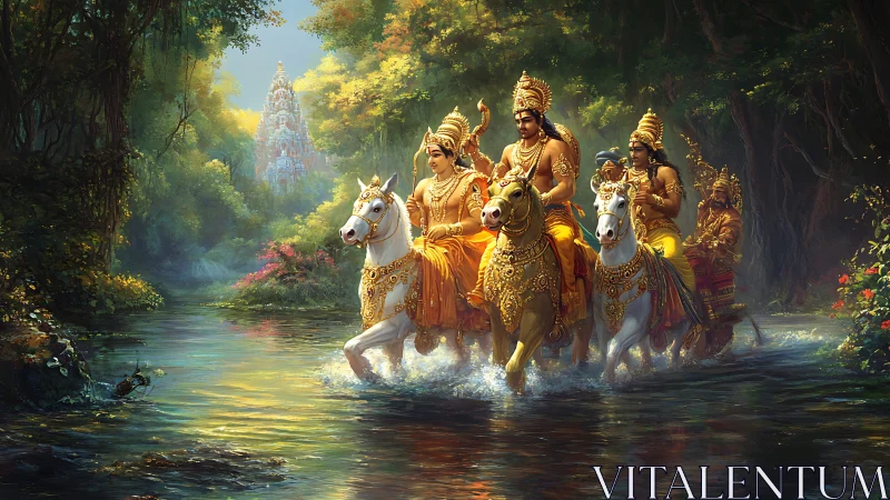 Divine riders surge through emerald river toward shining temple.