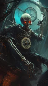 Skeletal timekeeper with glowing eyes in teal backlight.