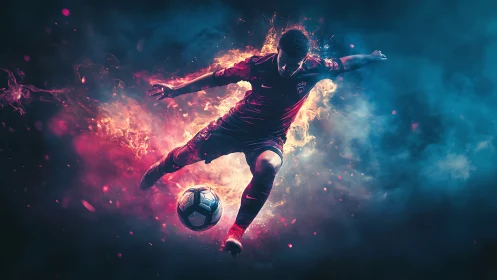 Fiery soccer striker launches a powerful kick in neon smoke