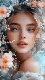 Ethereal floral portrait with soft blue-orange color harmony.