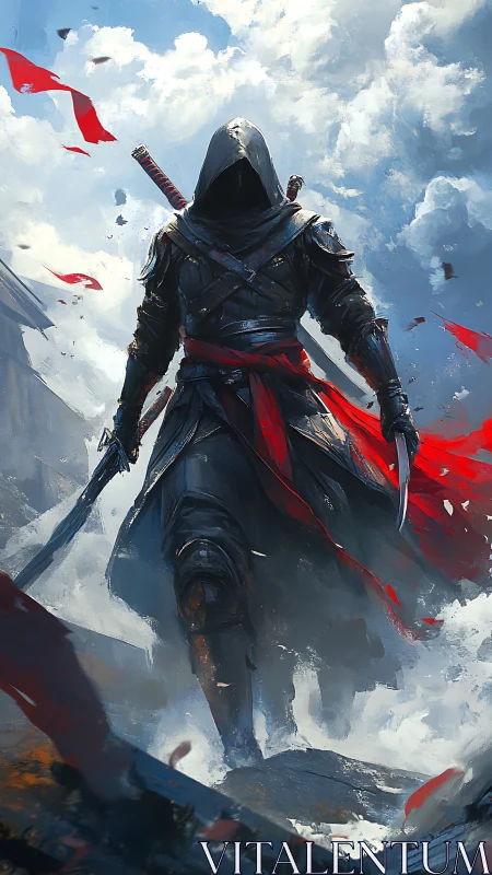 Storm-walking rogue strides through steel and scarlet skies.